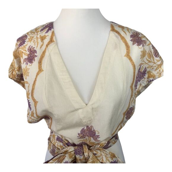 Free People Arielle Linen Blend Short Sleeve Ivory Purple Crop Top Bow Tie XS - Picture 6 of 16